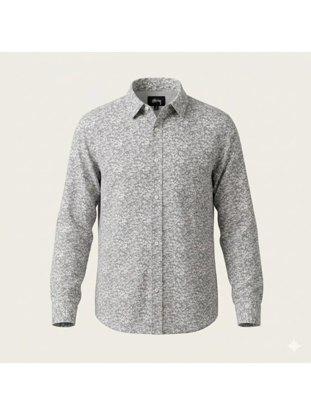 Stussy Flannel Shirt Mens M Gray Cream LS Cotton Splatter AOP Edgy Streetwear